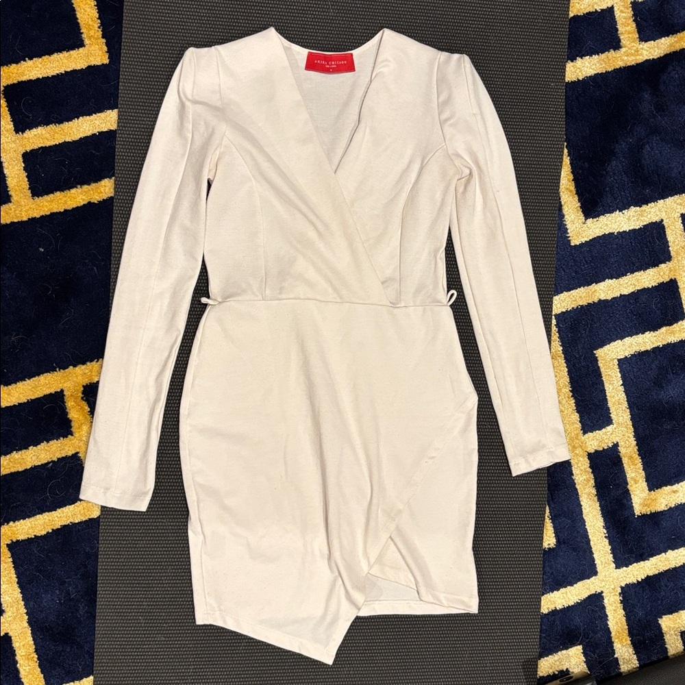 Akira Elegant Cream Long Sleeve Wrap Dress